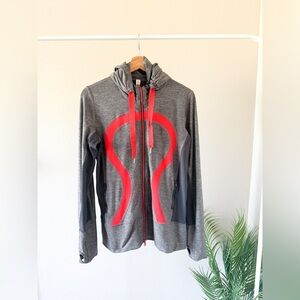 Lululemon grey and pink logo zip up hooded jacket size 10